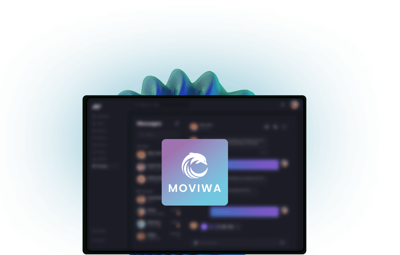 Logotipo de Moviwa sobre la interfaz de chat de la aplicación