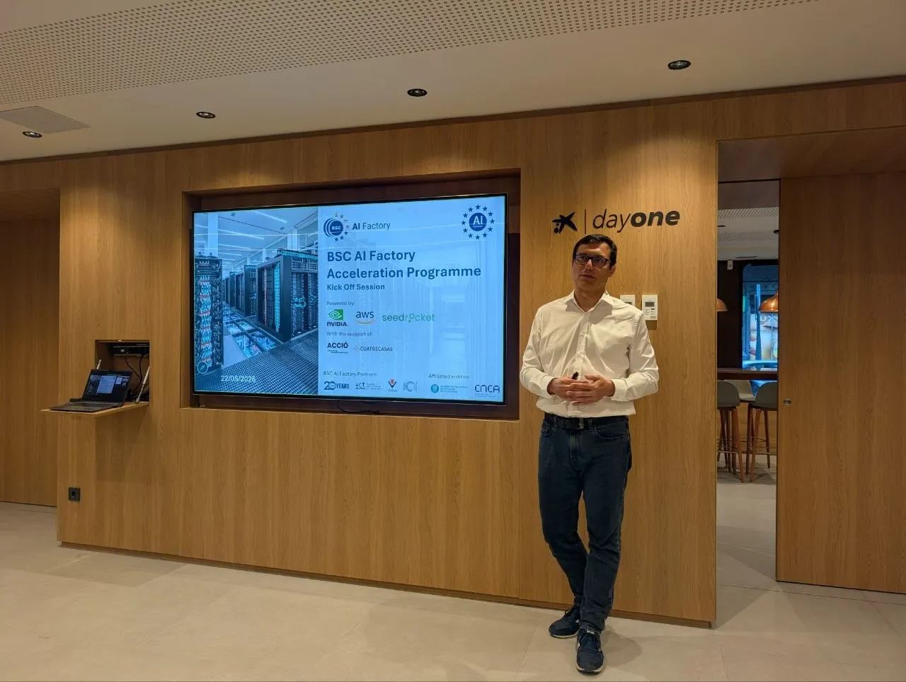 Albert presenting the BSC AI Factory Acceleration Programme introduction at CaixaBank DayOne Barcelona