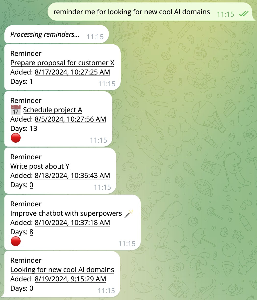 Screenshot of a list of reminders in a chat app